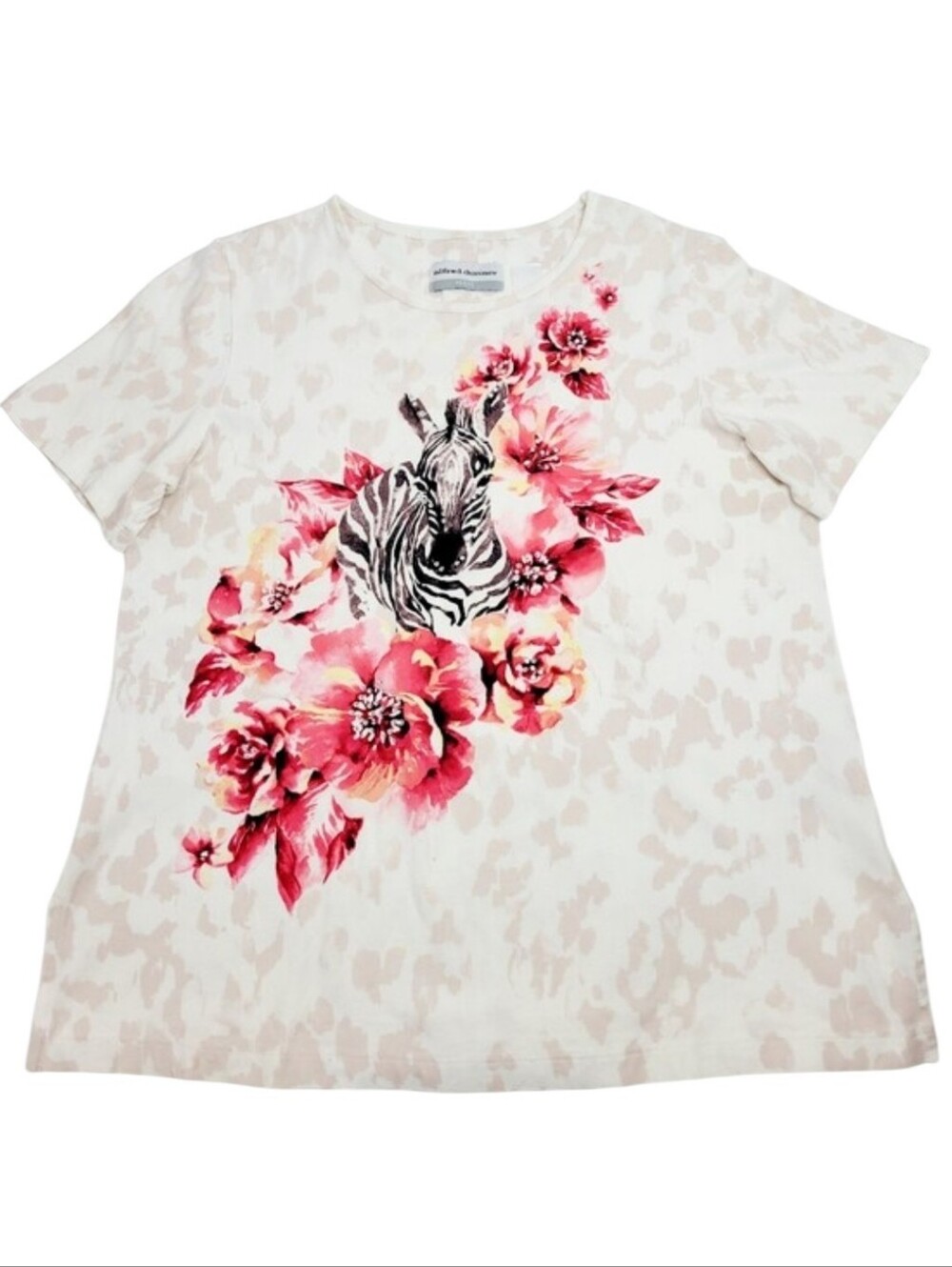 Alfred Dunner Zebra W/Vibrant Pink Flowers Embellished W/ Diamond Rindstones  PS